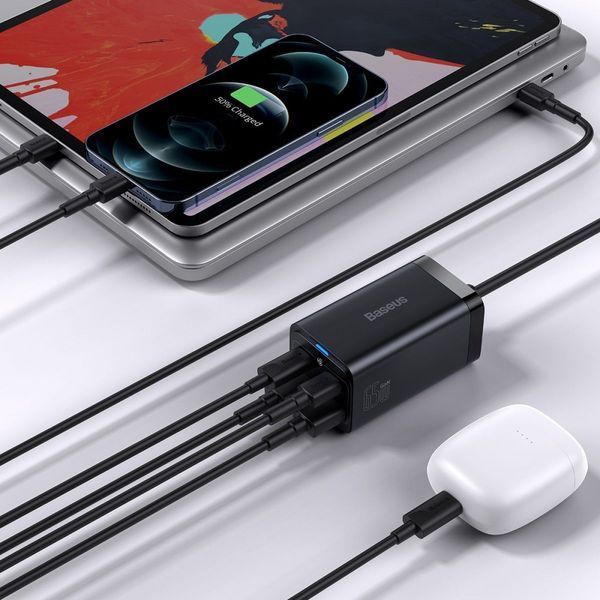 МЗП Baseus GaN3 Pro 65W (2 Type-C + 2 USB) + Кабель Type-C to Type-C 100W (1m) Black CCGP040101 фото