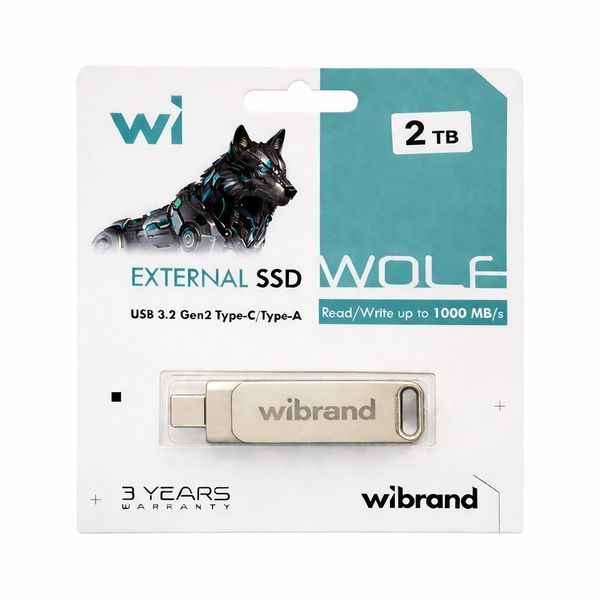Портативный SSD Wibrand Wolf 2TB USB 3.2 Gen.2 Type-C/Type-A Read/Write 1000MB/s Silver WIEXSSD/WO2TB фото