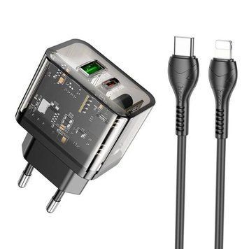 Сетевое зарядное устройство HOCO N34 Dazzling dual-port PD20W+QC3.0 charger set(C to iP) Transparent Black 656-01369 фото