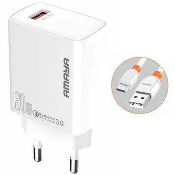 Сетевое зарядное устройство Amaya E57S QC3.0 20W (1USB-A) + кабель USB to Type-C white 656-08064 фото