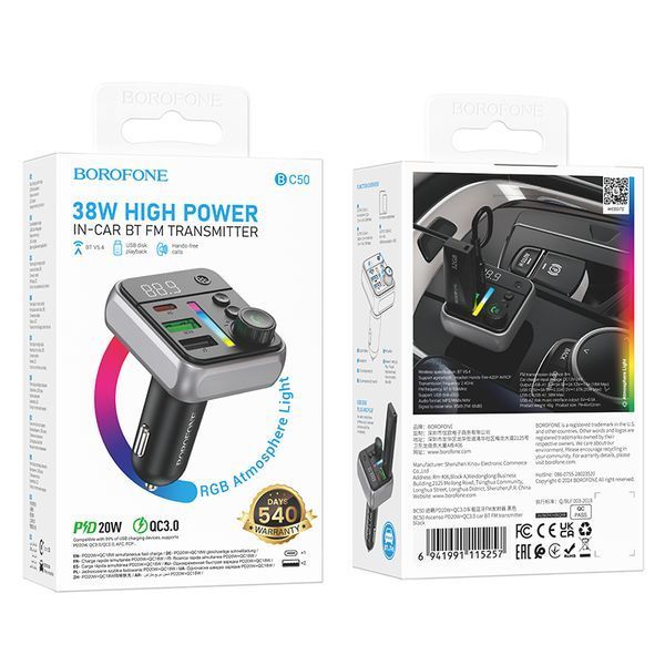 АЗП з FM-модулятором BOROFONE BC50 Ascenso PD20W+QC3.0 car BT FM transmitter Black 6941991115257 фото