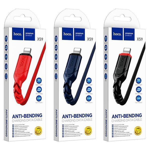 Кабель HOCO X59 USB to iP 2.4A, 1m, nylon, TPE connectors, Black 6931474744869 фото