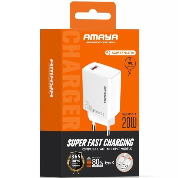 Сетевое зарядное устройство Amaya E57S QC3.0 20W (1USB-A) + кабель USB to Type-C white 656-08064 фото