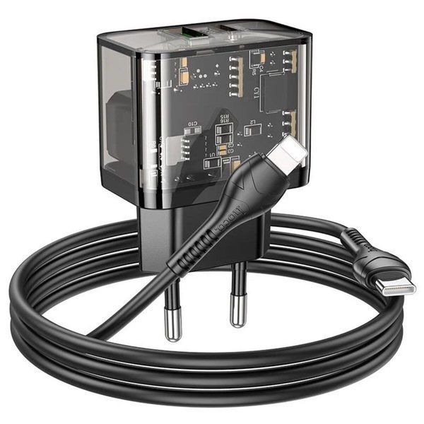 Сетевое зарядное устройство HOCO N34 Dazzling dual-port PD20W+QC3.0 charger set(C to iP) Transparent Black 656-01369 фото