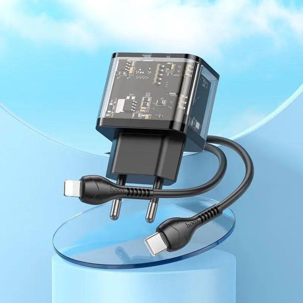 Сетевое зарядное устройство HOCO N34 Dazzling dual-port PD20W+QC3.0 charger set(C to iP) Transparent Black 656-01369 фото