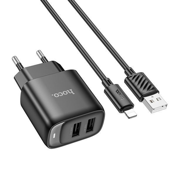 Мережевий зарядний пристрій з кабелем HOCO C141A Smart dual-port charger set(iP) Black 6942007627863 фото