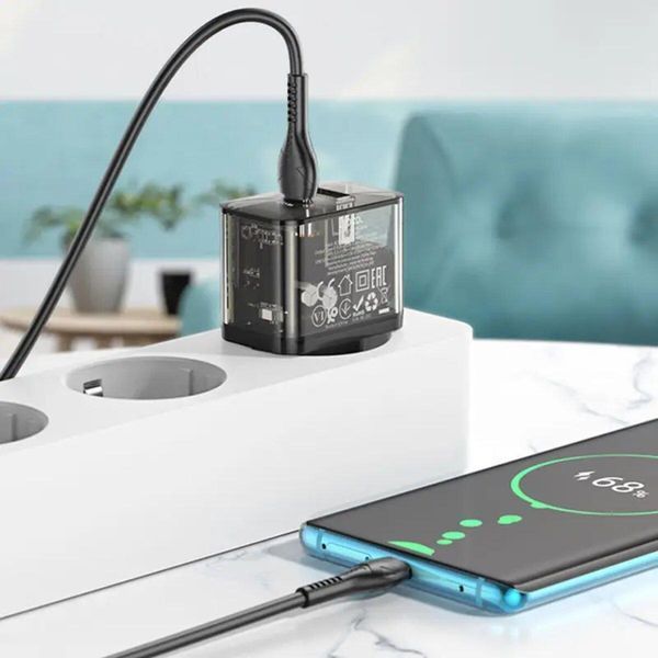 Сетевое зарядное устройство HOCO N34 Dazzling dual-port PD20W+QC3.0 charger set(C to iP) Transparent Black 656-01369 фото