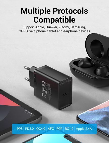 Мережевий зарядний пристрій Vention 1-port USB-C Wall Charger(20W) EU-Plug Black (FADB0-EU) FADB0-EU фото