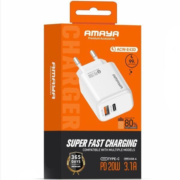 Сетевое зарядное устройство Amaya E43D PD20W (1USB-A/1C) white 656-08059 фото