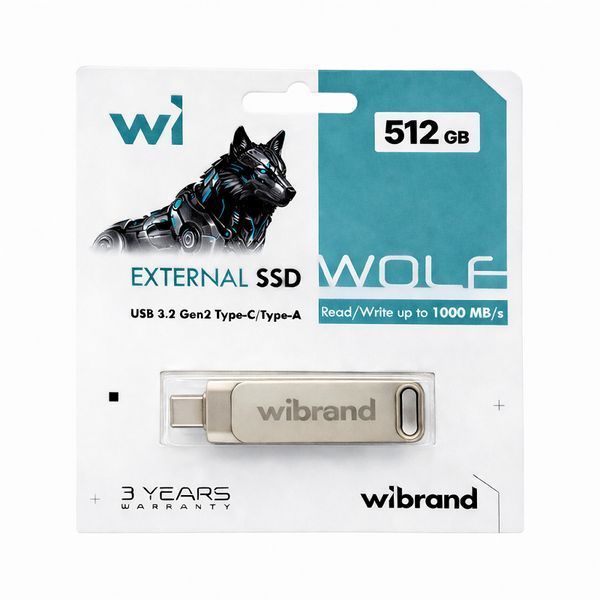 Портативный SSD Wibrand Wolf 512GB USB 3.2 Gen.2 Type-C/Type-A Read/Write 1000MB/s Silver WIEXSSD/WO512GB фото