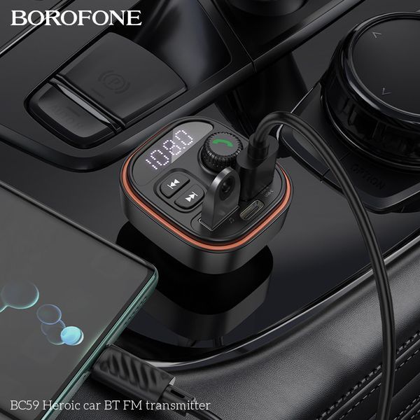 АЗУ с FM-модулятором BOROFONE BC59 Heroic car BT FM transmitter Black 6941991117312 фото