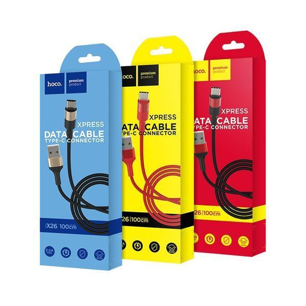 Кабель HOCO X26 USB to Type-C 2A, 18W 1m, nylon, aluminum connectors, Black+Red 6957531080251 фото