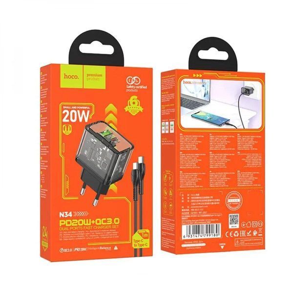 Сетевое зарядное устройство HOCO N34 Dazzling dual-port PD20W+QC3.0 charger set(Type-C to Type-C) Transparent 656-01370 фото