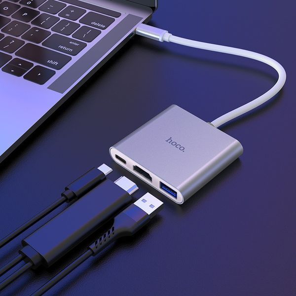 USB-хаб HOCO HB14 Easy use Type-C adapter(Type-C to USB3.0+HDMI+PD) Silver 6931474725790 фото