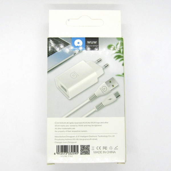 Сетевое зарядное устройство WUW T52 1USB 2.4A + кабель Type-C 1 м Белый 209-00105 фото