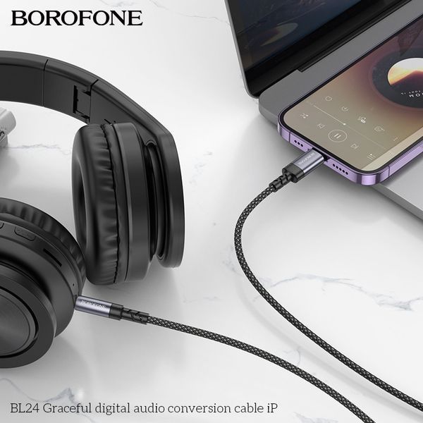 Аудиокабель BOROFONE BL24 iP to 3.5mm male, nylon braid, 1m, Metal Grey 6941991118975 фото