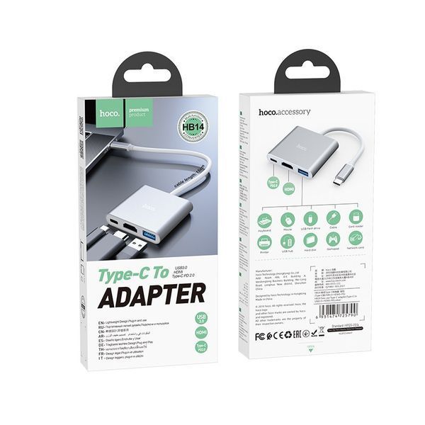 USB-хаб HOCO HB14 Easy use Type-C adapter(Type-C to USB3.0+HDMI+PD) Silver 6931474725790 фото