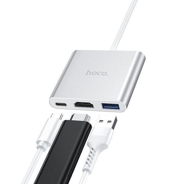 USB-хаб HOCO HB14 Easy use Type-C adapter(Type-C to USB3.0+HDMI+PD) Silver 6931474725790 фото