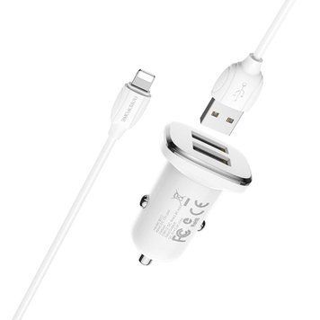 Автомобильное зарядное устройство BOROFONE BZ12 double port in-car charger set with Lightning White 656-00275 фото