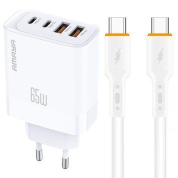 Сетевое зарядное устройство Amaya E101F PD65W+QC3.0 GaN (2USB-A/2C) + кабель Type-C to Type-C white 656-08066 фото
