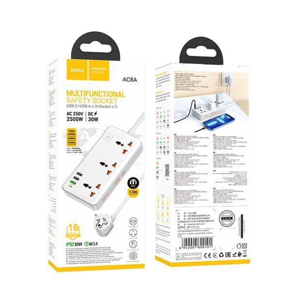 Мережевий подовжувач HOCO AC8A Storm 3-position socket(PD30W/1C3A) White 656-03197 фото