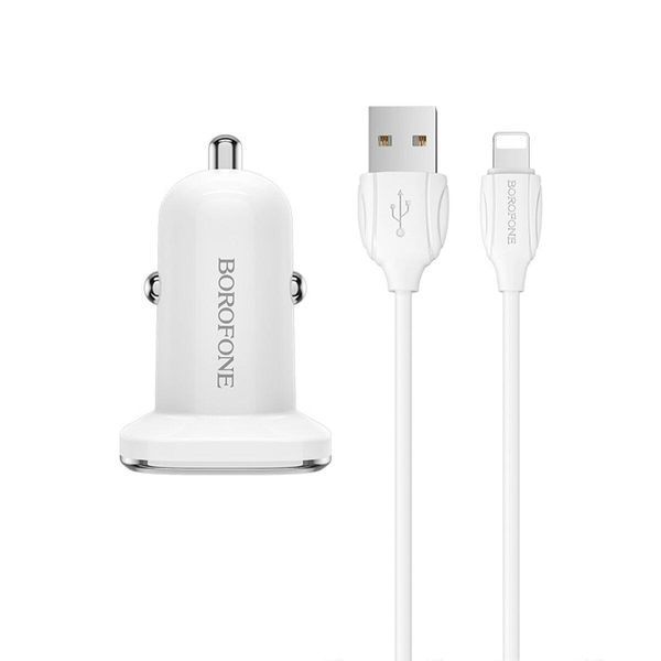 Автомобільний зарядний пристрій BOROFONE BZ12 double port in-car charger set with Lightning White 656-00275 фото