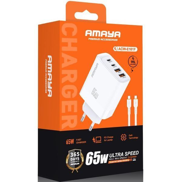 Мережевий зарядний пристрій Amaya E101F PD65W+QC3.0 GaN (2USB-A/2C) + кабель Type-C to Type-C white 656-08066 фото