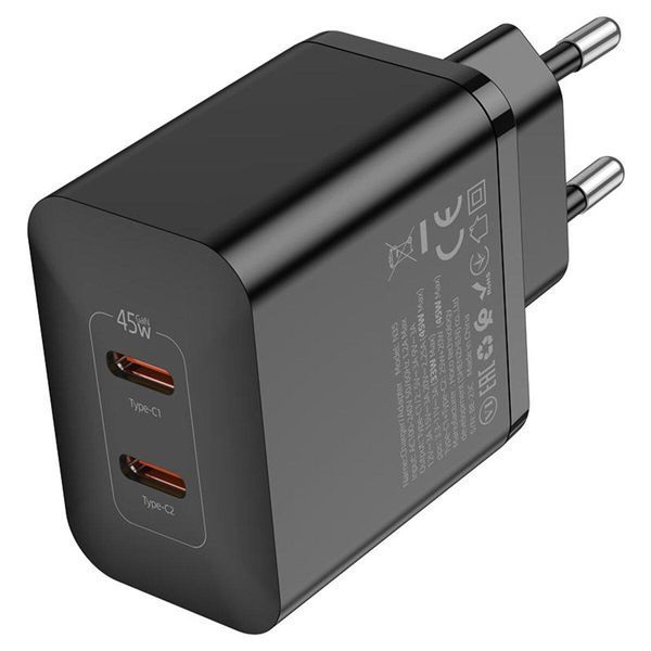 Мережевий зарядний пристрій HOCO N35 Streamer dual-port PD45W GaN (2C) charger(EU) Black 656-01371 фото
