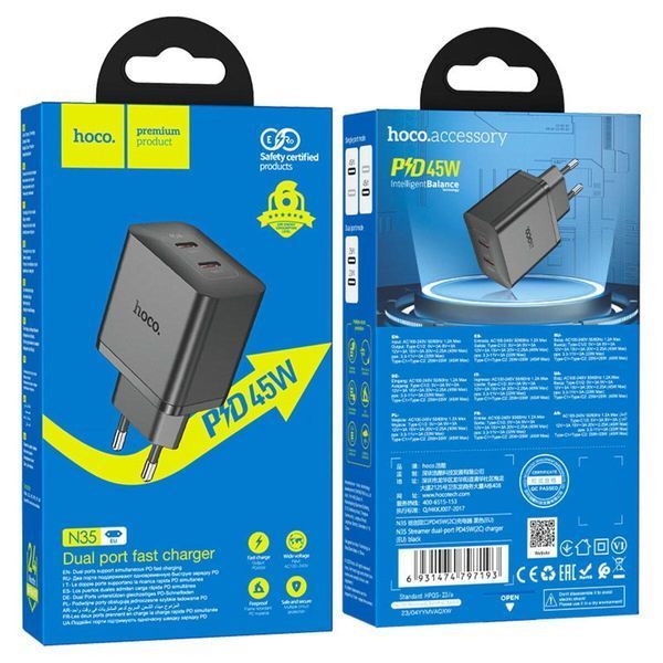 Мережевий зарядний пристрій HOCO N35 Streamer dual-port PD45W GaN (2C) charger(EU) Black 656-01371 фото