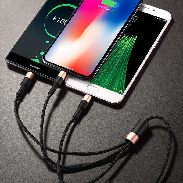 Кабель HOCO X26 USB to iP+Type-C+Micro 2A, 1m, nylon, aluminum connectors Black+Gold 6957531080275 фото