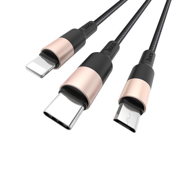 Кабель HOCO X26 USB to iP+Type-C+Micro 2A, 1m, nylon, aluminum connectors Black+Gold 6957531080275 фото
