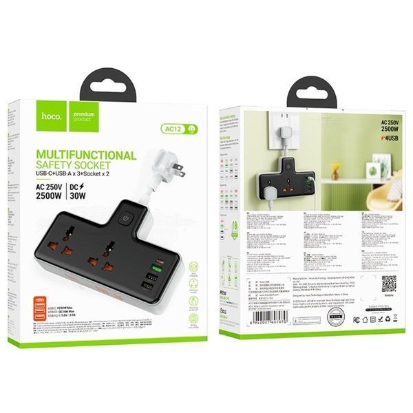 Сетевой удлинитель HOCO AC12 Reise 2-position expansion socket(PD30W/1C3A) Black 656-03198 фото