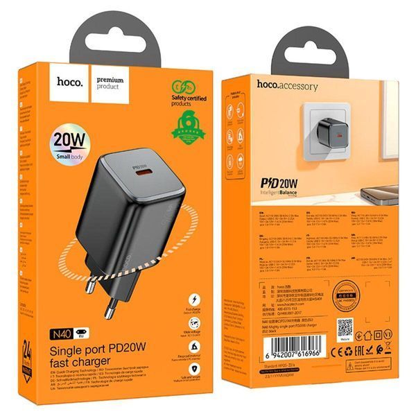 Сетевое зарядное устройство HOCO N40 Mighty single port PD20W charger Black 656-01372 фото