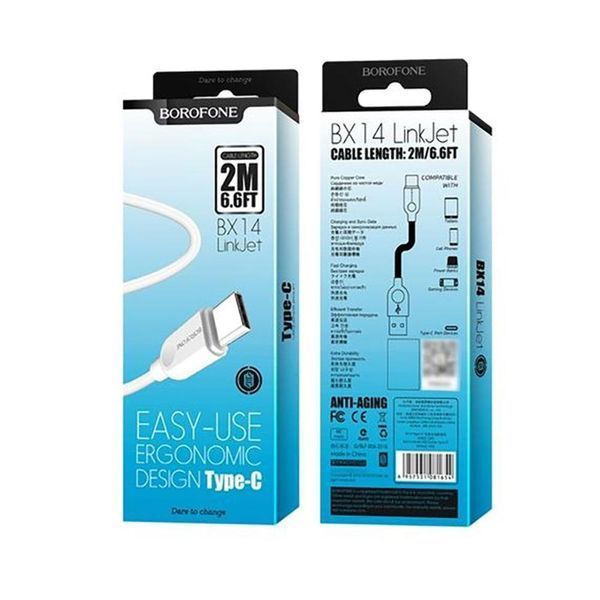 Кабель BOROFONE BX14 USB to Type-C 2.4A, 2m, PVC, TPE connectors, White 6957531090021 фото
