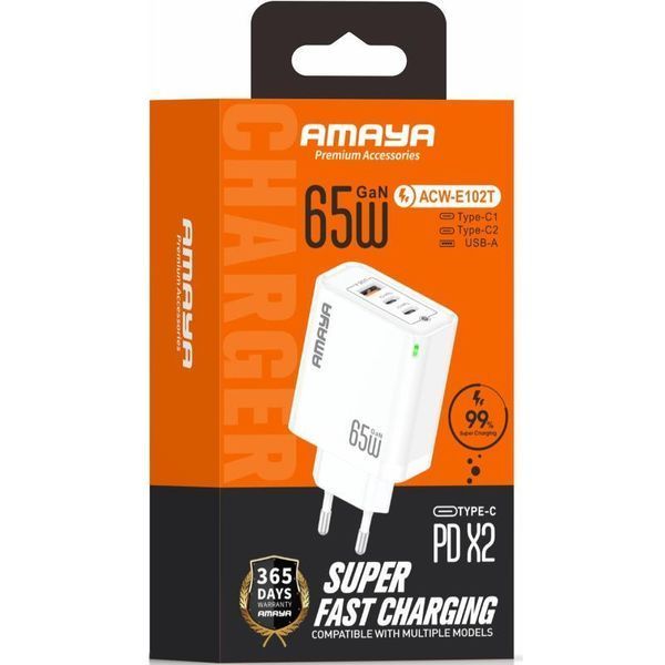 Мережевий зарядний пристрій Amaya E102T PD65W+QC3.0 GaN (1USB-A/2C) white 656-08067 фото