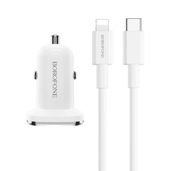 Автомобільний зарядний пристрій BOROFONE BZ12B single port QC3.0 (Type-C to Lightning) 18W White 656-00276 фото