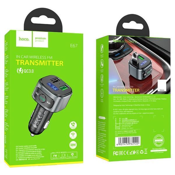 АЗУ с FM-модулятором HOCO E67 Fighter QC3.0 18W car BT FM transmitter Black 6931474762122 фото