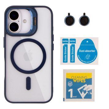 Чохол TPU+PC+Metal Stand Case with MagSafe and Camera Lenses для iPhone 16 Dark Blue 214-03723 фото
