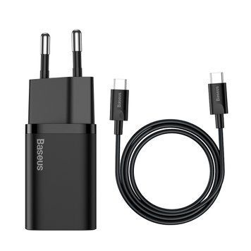 Сетевое зарядное устройство с кабелем Baseus Super Si Quick Charger 1C 25W EU Sets Black（With Mini White Cable C to C 3A 1m Black） TZCCSUP-L01 фото