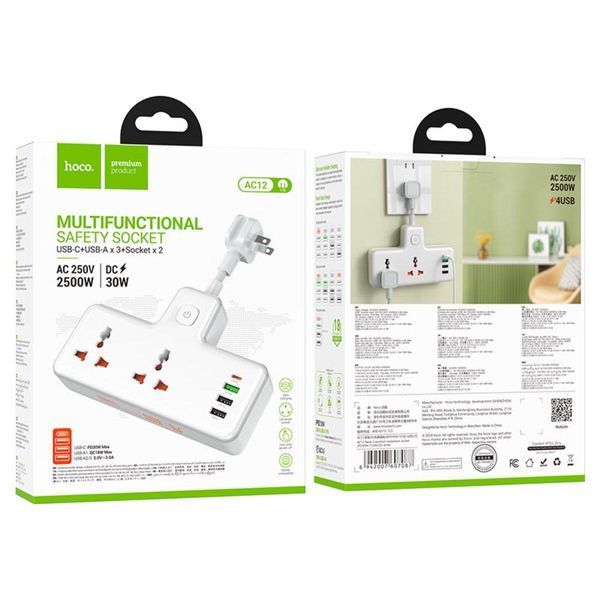 Сетевой удлинитель HOCO AC12 Reise 2-position expansion socket(PD30W/1C3A) (US) White 656-03199 фото