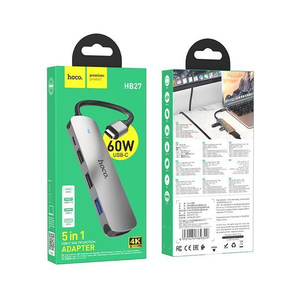 USB-хаб HOCO HB27 Type-C multi-function converter(HDTV+USB3.0+USB2.0*2+PD) Metal Gray 6931474769329 фото