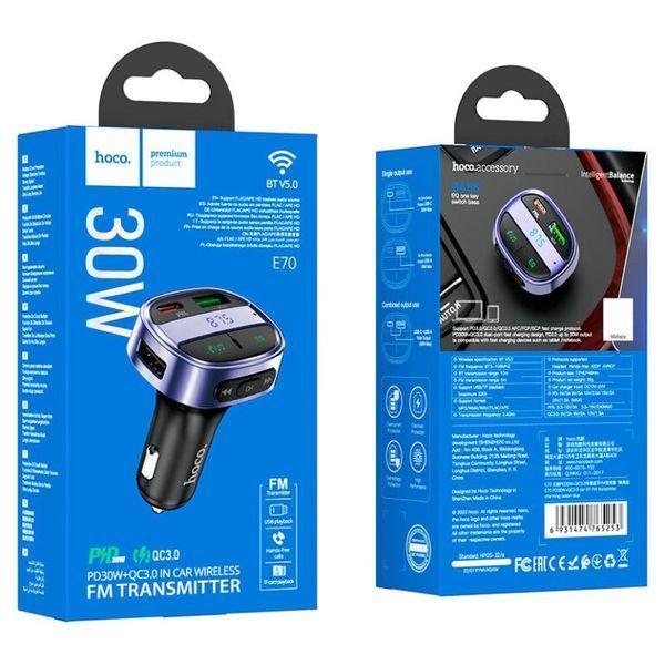 АЗУ с FM-модулятором HOCO E70 PD30W+QC3.0 car BT FM transmitter Magic Night 6931474765246 фото