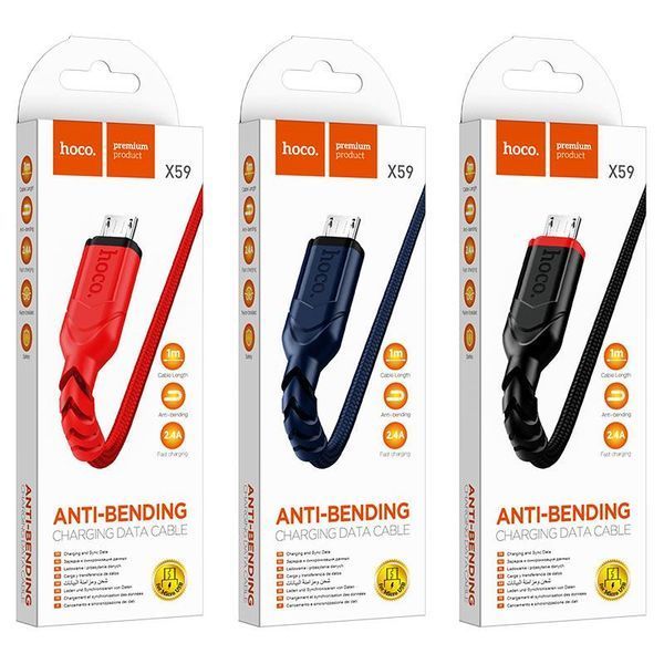 Кабель HOCO X59 USB to Micro 2.4A, 1m, nylon, TPE connectors, Blue 6931474744913 фото