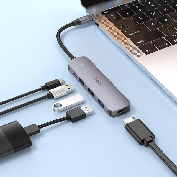 USB-хаб HOCO HB27 Type-C multi-function converter(HDTV+USB3.0+USB2.0*2+PD) Metal Gray 6931474769329 фото