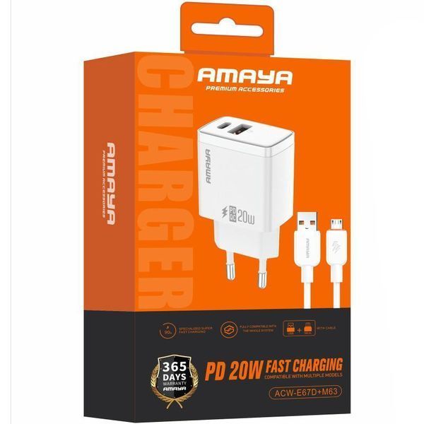 Сетевое зарядное устройство Amaya E67D PD20W+QC3.0 (1USB-A/1C) + кабель USB to MicroUSB white 656-08068 фото